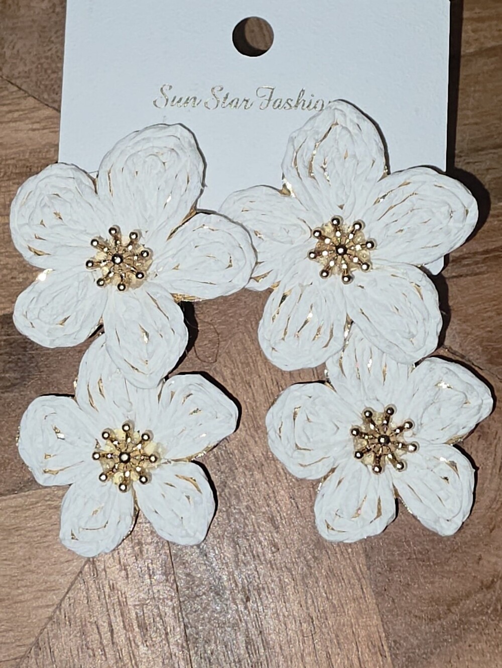 White Floral Drop Rafia Earrings With Gold-Tone Metal Accents, NWT